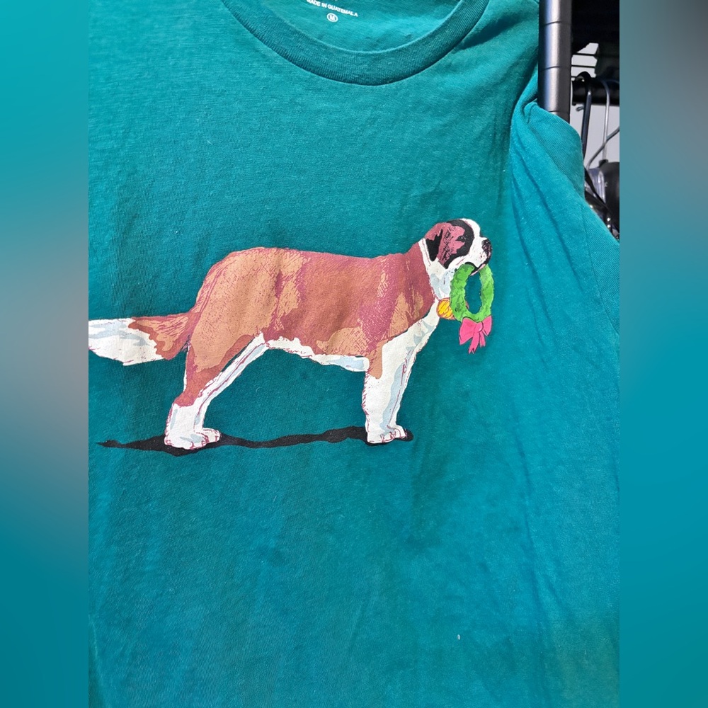 J. Crew green holiday tee with St. Bernard.